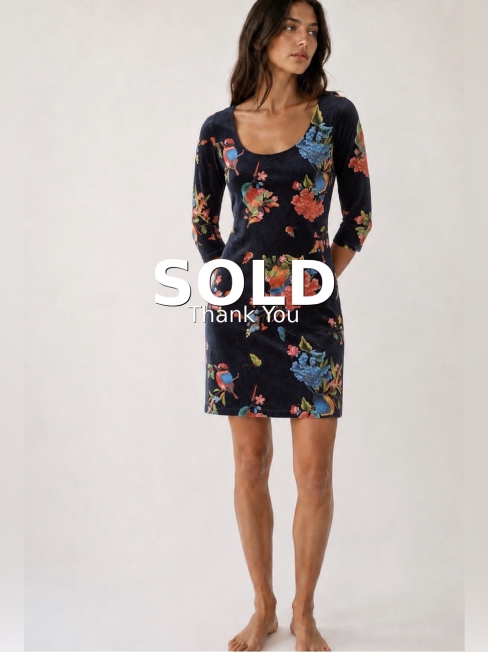 Navy Floral Velvet Scoop-Neck Mini Dress